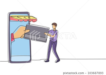 Single continuous line drawing young man inserting credit card into canopy smartphone screen and accepted by hand. Digital payment concept. Dynamic one line draw graphic design vector illustration Single continuous line drawing young man inserting credit card into canopy smartphone screen and accepted by hand. Digital payment concept. Dynamic one line draw graphic design vector illustration 103687893