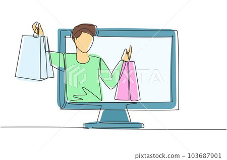 Single continuous line drawing young man coming out of monitor screen holding shopping bags. Sale, digital lifestyle and consumerism concept. Dynamic one line draw graphic design vector illustration 103687901