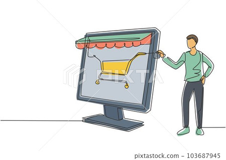 Single one line drawing young man inserting credit card into canopy monitor screen with shopping cart. E-shop, digital payment concept. Modern continuous line draw design graphic vector illustration 103687945