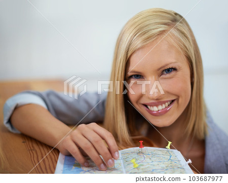Travel agent, map pin and portrait of happy woman planning sightseeing destination, holiday location or world tour adventure. Tourism agency, service and face of person smile for transport route plan 103687977