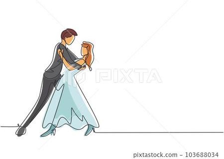 Single one line drawing man and woman romantic professional dancer couple dancing tango, waltz dances on dancing contest dancefloor. Modern continuous line draw design graphic vector illustration Single one line drawing man and woman romantic professional dancer couple dancing tango, waltz dances on dancing contest dancefloor. Modern continuous line draw design graphic vector illustration 103688034