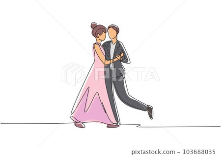 Single continuous line drawing man woman professional dancer couple dancing tango, waltz dances on dancing contest dancefloor. Romantic night. Dynamic one line draw graphic design vector illustration 103688035