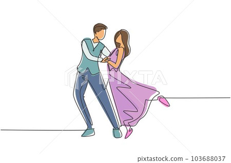 Single continuous line drawing romantic man and woman professional dancer couple dancing tango, waltz dances on dancing contest dancefloor. Dynamic one line draw graphic design vector illustration 103688037