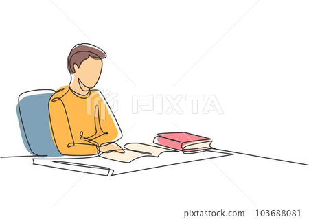 Single one line drawing young man reading, learning and sitting on chair around table. Study in library. Intelligent student, education concept. Continuous line draw design graphic vector illustration Single one line drawing young man reading, learning and sitting on chair around table. Study in library. Intelligent student, education concept. Continuous line draw design graphic vector illustration 103688081