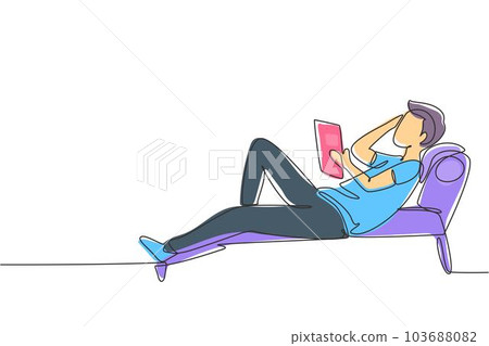 Single continuous line drawing young man reading, learning and laying down on recliner sofa. Literature fans or lovers. Education concept. Dynamic one line draw graphic design vector illustration Single continuous line drawing young man reading, learning and laying down on recliner sofa. Literature fans or lovers. Education concept. Dynamic one line draw graphic design vector illustration 103688082