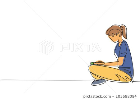 Single one line drawing young female reading, learning and sitting on floor. Study in library. Intelligent student, education concept. Modern continuous line draw design graphic vector illustration 103688084