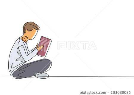 Continuous one line drawing young male reading, learning and sitting on the floor. Study in library. Intelligent student, education concept, fair. Single line draw design vector graphic illustration Continuous one line drawing young male reading, learning and sitting on the floor. Study in library. Intelligent student, education concept, fair. Single line draw design vector graphic illustration 103688085