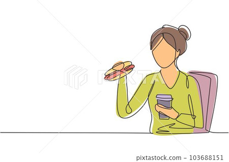 Continuous one line drawing young woman having hamburger meal and drink cup of cola with hand. Happy and enjoy lunch at restaurant. Delicious food. Single line draw design vector graphic illustration 103688151