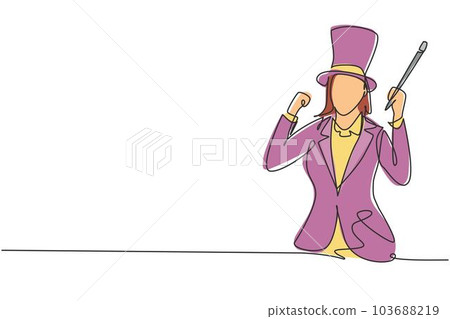 Single continuous line drawing female magician with celebrate gesture wearing hat and holding magic stick ready to entertain audience at television. One line draw graphic design vector illustration 103688219
