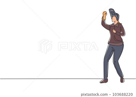 Continuous one line drawing female welder stands with celebrate gesture and face shield is removed ready to work in iron workshop. Success business. Single line draw design vector graphic illustration 103688220