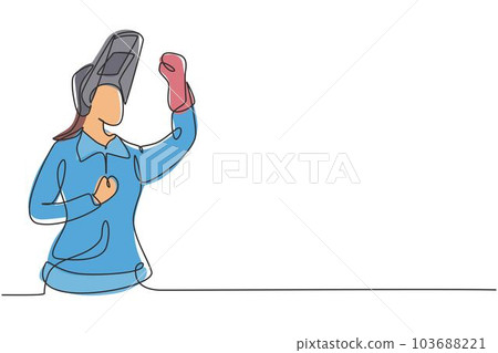 Single continuous line drawing female welder with celebrate gesture works in construction of building forming steel frame that is melted by fire. One line draw graphic design vector illustration 103688221