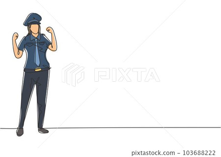 Single one line drawing female pilot stands with celebrate gesture and complete uniform serves airplane passengers fly to destination. Modern continuous line draw design graphic vector illustration 103688222