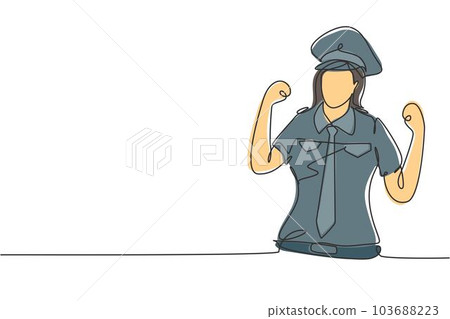 Single continuous line drawing female pilot with celebrate gesture and full uniform ready to fly with cabin crew in aircraft at international airport. One line draw graphic design vector illustration 103688223