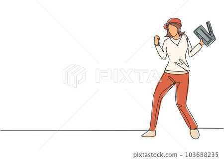 Single one line drawing female film director stands with celebrate gesture holding clapperboard and prepare camera crew for shooting at studio. Continuous line draw design graphic vector illustration Single one line drawing female film director stands with celebrate gesture holding clapperboard and prepare camera crew for shooting at studio. Continuous line draw design graphic vector illustration 103688235