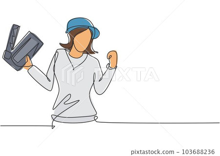 Single one line drawing female film director with celebrate gesture holding clapperboard and set crew for studio shooting. Professional works. Continuous line draw design graphic vector illustration 103688236