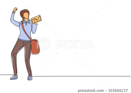 Continuous one line drawing postwoman standing with celebrate gesture, wearing uniform, bag, and holding envelope delivering mail to home address. Single line draw design vector graphic illustration Continuous one line drawing postwoman standing with celebrate gesture, wearing uniform, bag, and holding envelope delivering mail to home address. Single line draw design vector graphic illustration 103688237