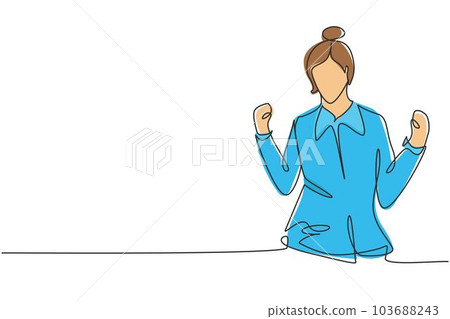 Single one line drawing flight attendant with celebrate gesture ready to serve airplane passengers in a friendly and warm manner. Success job. Continuous line draw design graphic vector illustration Single one line drawing flight attendant with celebrate gesture ready to serve airplane passengers in a friendly and warm manner. Success job. Continuous line draw design graphic vector illustration 103688243