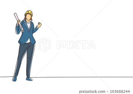 Single one line drawing female architect stood with celebrate gesture and wearing helmet carrying blueprint for the building's work plan. Modern continuous line draw design graphic vector illustration Single one line drawing female architect stood with celebrate gesture and wearing helmet carrying blueprint for the building's work plan. Modern continuous line draw design graphic vector illustration 103688244