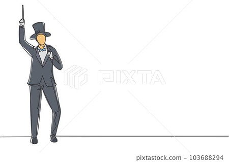 Continuous one line drawing magician stands with celebrate gesture wearing hat and holding magic wand performing tricks at circus show. Success job. Single line draw design vector graphic illustration 103688294