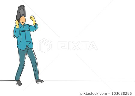Continuous one line drawing welder stands with celebrate gesture and face shield is removed ready to work in his iron workshop. Successful business. Single line draw design vector graphic illustration 103688296