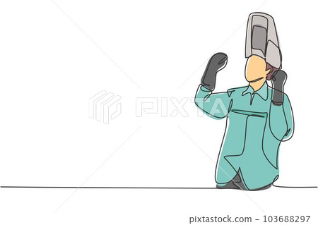 Continuous one line drawing welder with celebrate gesture works in construction of building forming steel frame that is melted by fire. Success job. Single line draw design vector graphic illustration 103688297