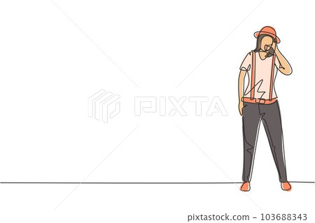 Single continuous line drawing female mime artist stands with call me gesture and white face make-up makes audience laugh with silent comedy. Dynamic one line draw graphic design vector illustration Single continuous line drawing female mime artist stands with call me gesture and white face make-up makes audience laugh with silent comedy. Dynamic one line draw graphic design vector illustration 103688343