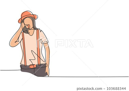 Single continuous line drawing female mime artist with call me gesture and white face make-up puts on a silent motion comedy show at circus arena. One line draw graphic design vector illustration Single continuous line drawing female mime artist with call me gesture and white face make-up puts on a silent motion comedy show at circus arena. One line draw graphic design vector illustration 103688344