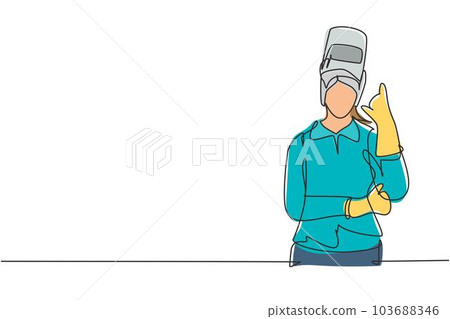Single one line drawing female welder with call me gesture works in construction of building forming steel frame that is melted by fire. Modern continuous line draw design graphic vector illustration 103688346