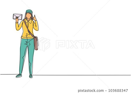 Single continuous line drawing postwoman standing with call me gesture, sling bag, uniform, holding envelope delivering mail to home address. Dynamic one line draw graphic design vector illustration 103688347