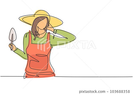 Single one line drawing female farmer with call me gesture wearing straw hat and carrying mini shovel to work on the farm. Success business. Continuous line draw design graphic vector illustration Single one line drawing female farmer with call me gesture wearing straw hat and carrying mini shovel to work on the farm. Success business. Continuous line draw design graphic vector illustration 103688358