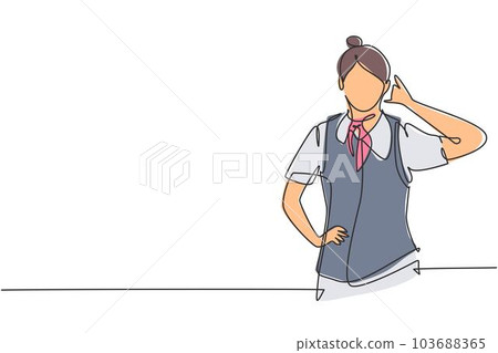 Single one line drawing flight attendant with call me gesture ready to serve airplane passengers in a friendly and warm manner. Success person. Continuous line draw design graphic vector illustration 103688365