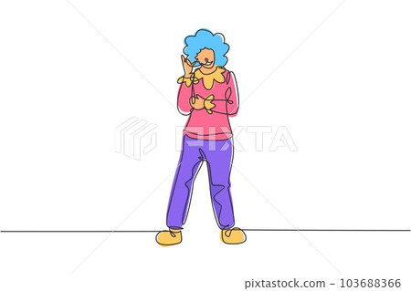 Continuous one line drawing female clown stands with call me gesture wearing wig and clown costume ready to entertain the audience in circus arena. Single line draw design vector graphic illustration 103688366