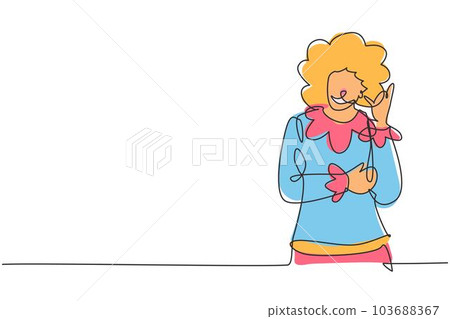 Continuous one line drawing female clown with call me gesture, wearing wig and smiling face makeup, entertaining kids at birthday party. Good show. Single line draw design vector graphic illustration 103688367