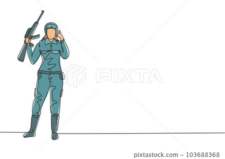 Continuous one line drawing female Soldier stands with weapon, uniform, and call me gesture serving the country with strength of military forces. Single line draw design vector graphic illustration 103688368