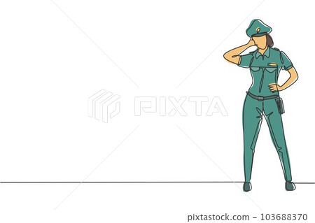 Single one line drawing policewoman standing with call me gesture and full uniform works to control vehicle traffic on highway. Standby patrol. Continuous line draw design graphic vector illustration Single one line drawing policewoman standing with call me gesture and full uniform works to control vehicle traffic on highway. Standby patrol. Continuous line draw design graphic vector illustration 103688370