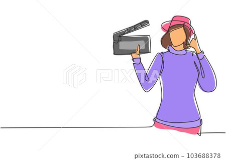 Single one line drawing female film director with call me gesture holding clapperboard and set the crew for studio shooting. Professional work. Continuous line draw design graphic vector illustration 103688378