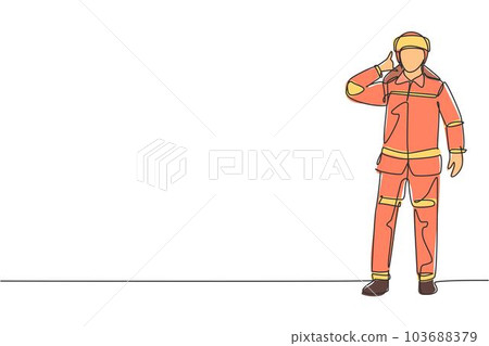 Continuous one line drawing firefighters stood with call me gesture, wearing helmets and complete uniforms work to extinguish fire at building. Single line draw design vector graphic illustration Continuous one line drawing firefighters stood with call me gesture, wearing helmets and complete uniforms work to extinguish fire at building. Single line draw design vector graphic illustration 103688379