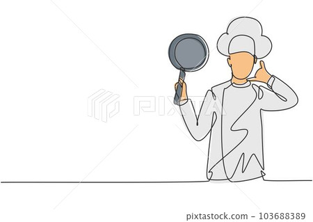 Continuous one line drawing chef with call me gesture, holding pan and wearing cooking uniforms is ready to cook meals for guests at restaurants. Single line draw design vector graphic illustration 103688389