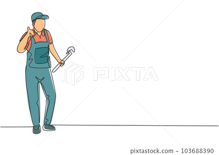Single one line drawing plumber stands with call me gesture and holding carpentry tool fixing broken plumbing at home. Success business. Modern continuous line draw design graphic vector illustration 103688390