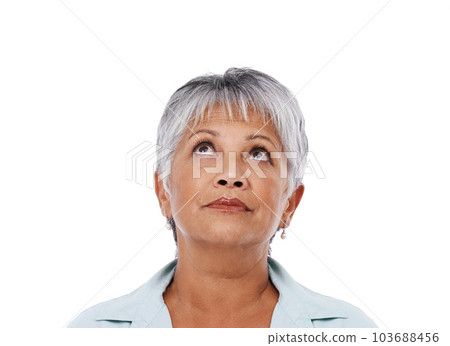 Isolated, senior woman and thinking on question or looking up, mental health and studio white background. Elderly lady face, dreaming and concerned for future, retirement or idea, curious and mockup Isolated, senior woman and thinking on question or looking up, mental health and studio white background. Elderly lady face, dreaming and concerned for future, retirement or idea, curious and mockup 103688456