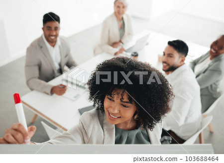 Shes got a bright mind. Shot of a young businesswoman writing on a whiteboard during a meeting at work. 103688464