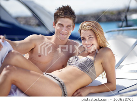 Boat, love and portrait of couple on yacht with smile on summer holiday, vacation and adventure on ocean. Travel, happy and man and woman sun tan on luxury cruise for freedom, romantic trip and fun 103688705