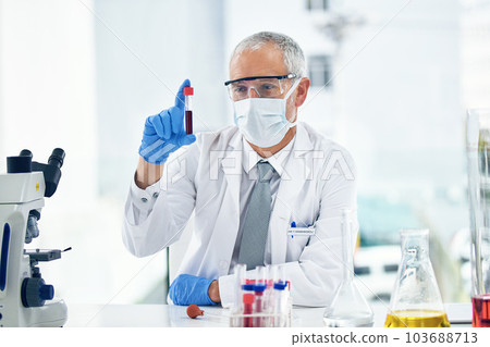 Science, vaccine and doctor with blood in a test tube with results of medical exam in a lab or laboratory. Medicine, research and healthcare man or chemistry professional with solution for covid Science, vaccine and doctor with blood in a test tube with results of medical exam in a lab or laboratory. Medicine, research and healthcare man or chemistry professional with solution for covid 103688713