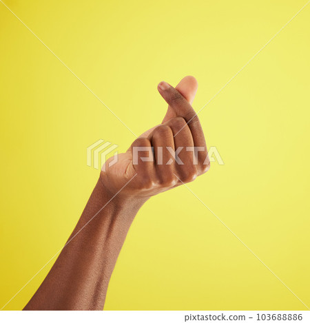 Hand, gesture for money and sign language of man closeup on studio background for cash, finance or currency. Person, thumb and index fingers rubbing together or symbol to pay, payment and poor 103688886