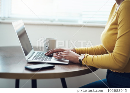 Typing, laptop and woman hands for planning, website research and creative blog with remote work or opportunity, Startup, software and person on computer, copywriting, ideas and inspiration at home 103688945