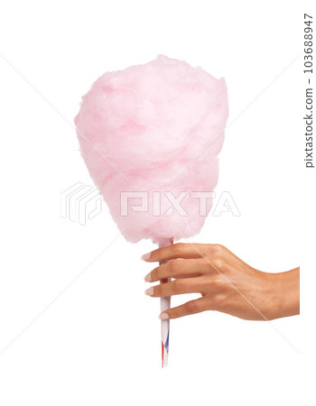 Cotton candy, sweet and woman hands isolated on a white background for snack, pink food and holiday treat. Person hand holding, giving or offer color cone for youth, childhood and festival in studio 103688947