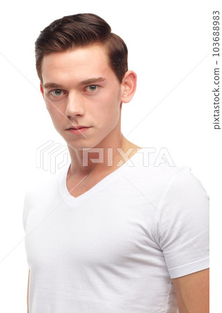 Fashion, young and portrait of man in studio with confidence, attractive and pride on white background. Youth, confident and face of isolated handsome male person with trendy style in casual clothes 103688983