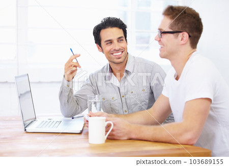 Computer, meeting and business man with partner for happy teamwork, collaboration and planning, ideas and project. People or employees talking of website design, laptop or software support in office Computer, meeting and business man with partner for happy teamwork, collaboration and planning, ideas and project. People or employees talking of website design, laptop or software support in office 103689155