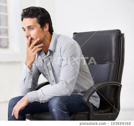 Thinking, business and man on chair in office with idea for career, job or work management. Professional, male entrepreneur and decision or doubt and manager, ceo or person sitting in workplace. 103689168