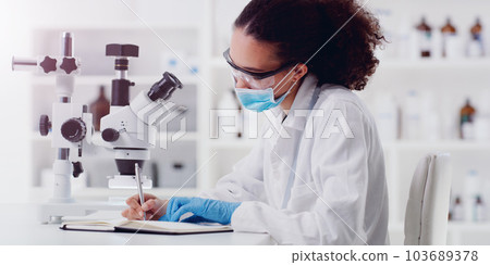 Science, microscope and woman scientist writing for research, medicine and data analysis in a lab. Laboratory, healthcare and female health expert with book for medical, results and sample checklist Science, microscope and woman scientist writing for research, medicine and data analysis in a lab. Laboratory, healthcare and female health expert with book for medical, results and sample checklist 103689378